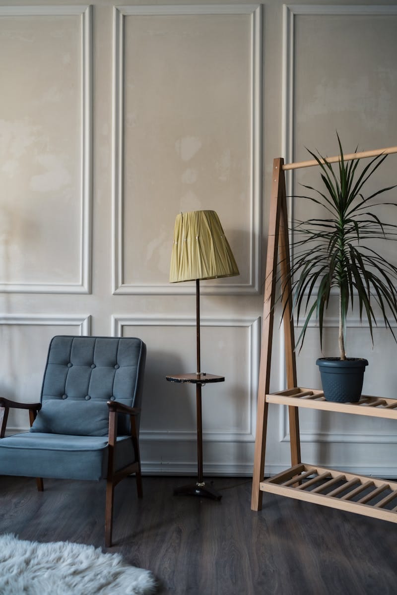 Elegant minimalist living room with armchair, lamp, and plant for cozy ambiance.